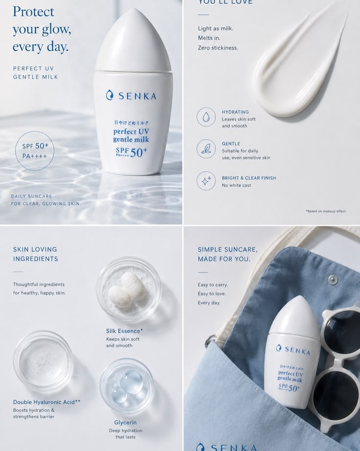 Senka Perfect UV Gentle Milk - beneficios, ingredientes y producto lifestyle