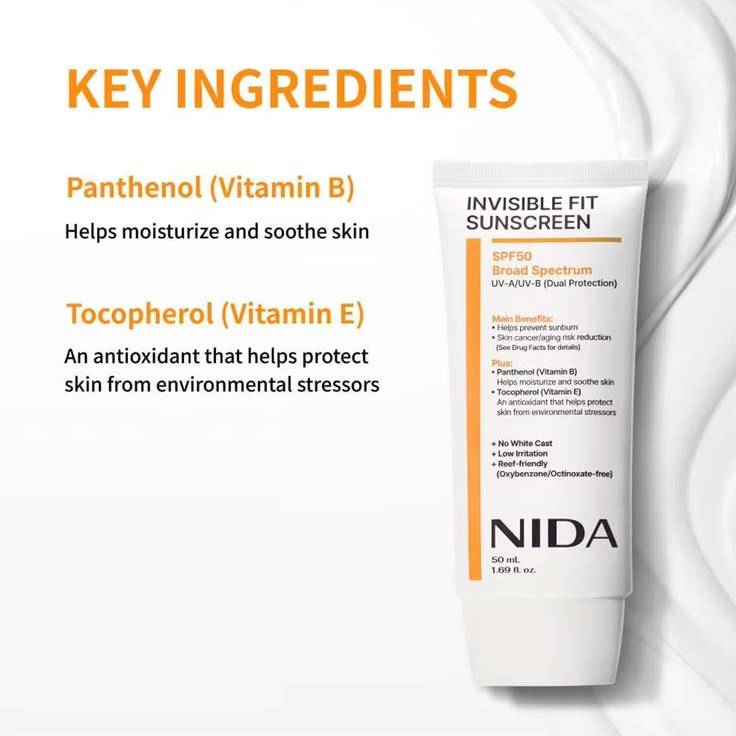 NIDA Invisible Fit Sunscreen SPF50 - key ingredients Pantenol y Vitamina E