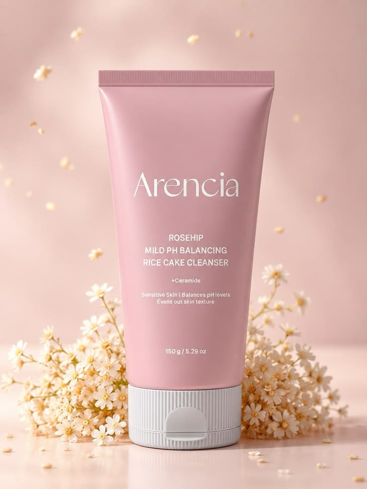 Arencia Rosehip Mild pH Balancing Rice Cake Cleanser 150g - producto con flores