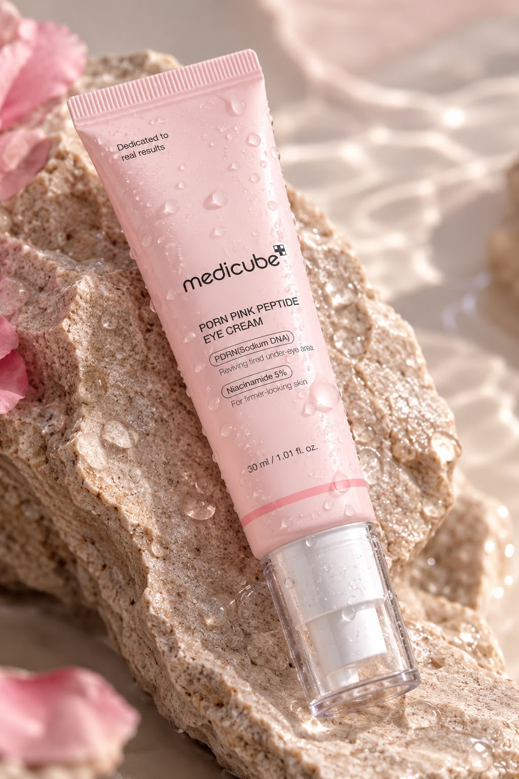Medicube PDRN Pink Peptide Eye Cream - producto sobre roca