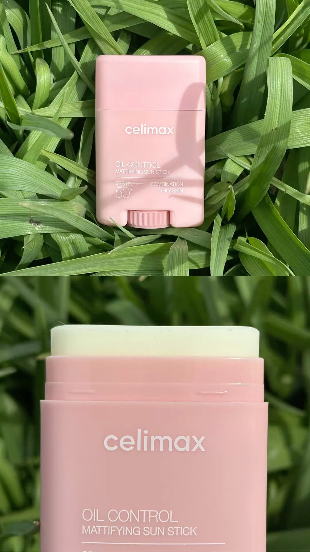Celimax Oil Control Mattifying Sun Stick - textura y producto abierto
