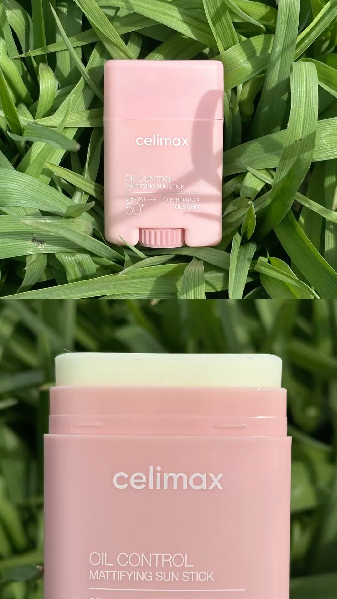 Celimax Oil Control Mattifying Sun Stick - textura y producto abierto