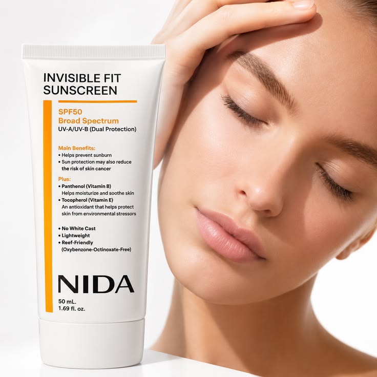 NIDA Invisible Fit Sunscreen SPF50 - modelo aplicando en rostro